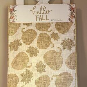 Fall Autumn Pumpkin Leaves Gold Shimmer Table Runner Kitchen  Linen 14" x 72"